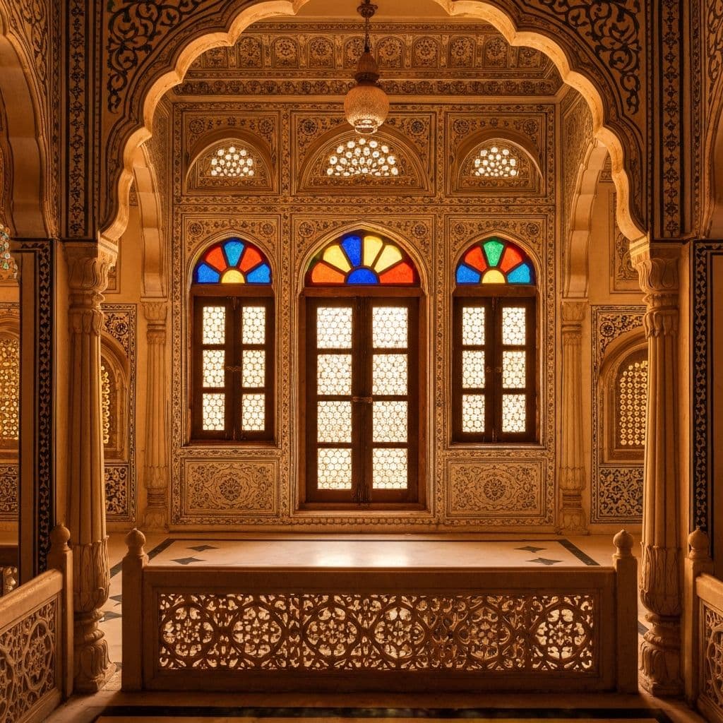 Ornate interior of an Indian palace with intricate mirror work