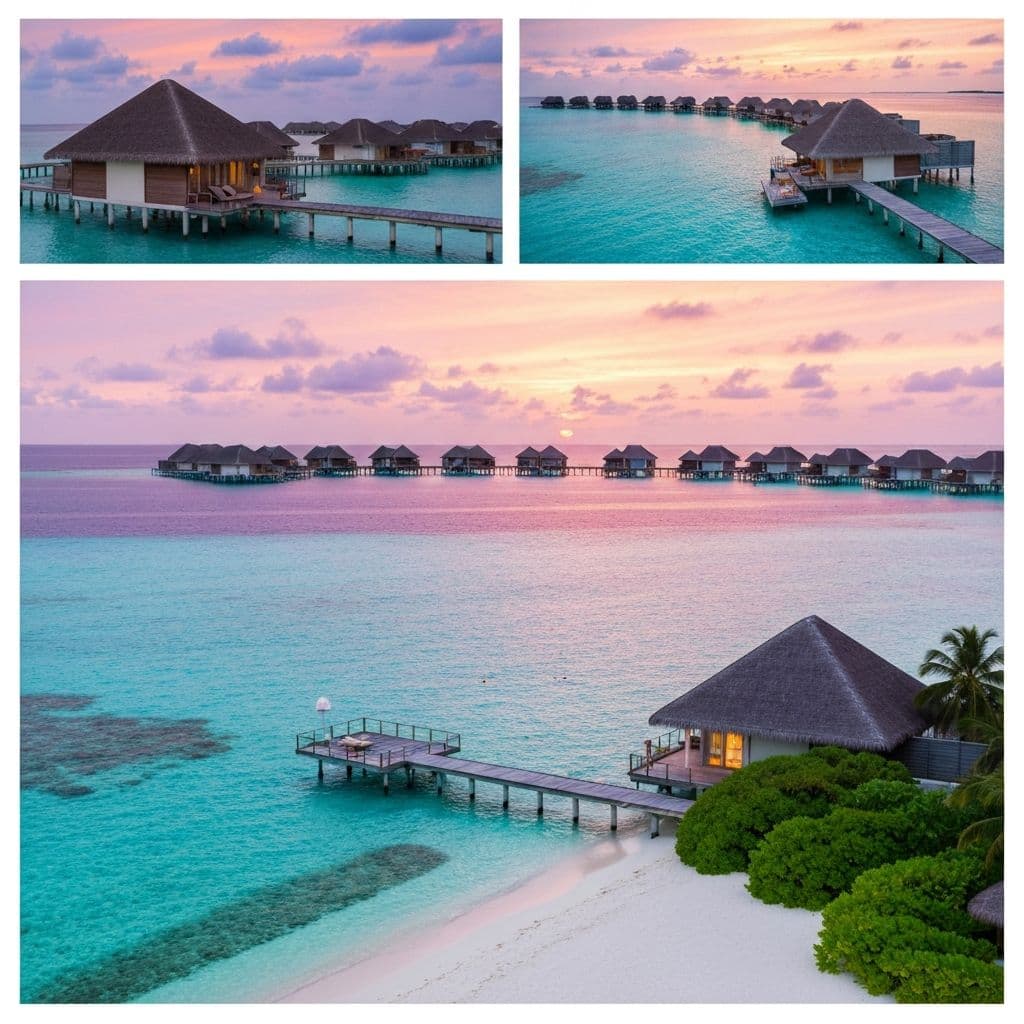Overwater bungalows in the Maldives at sunset
