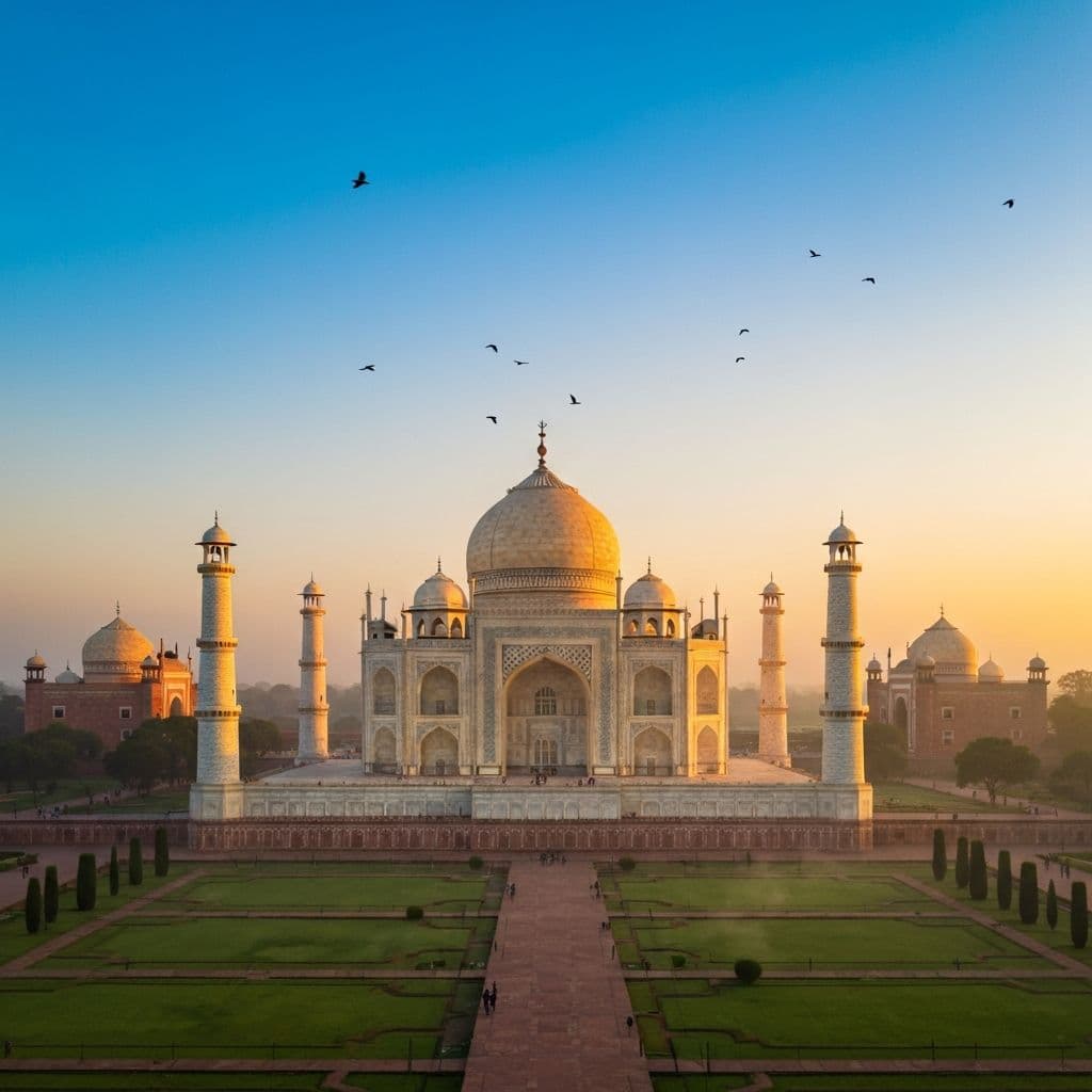 Aerial view of the Taj Mahal at sunrise