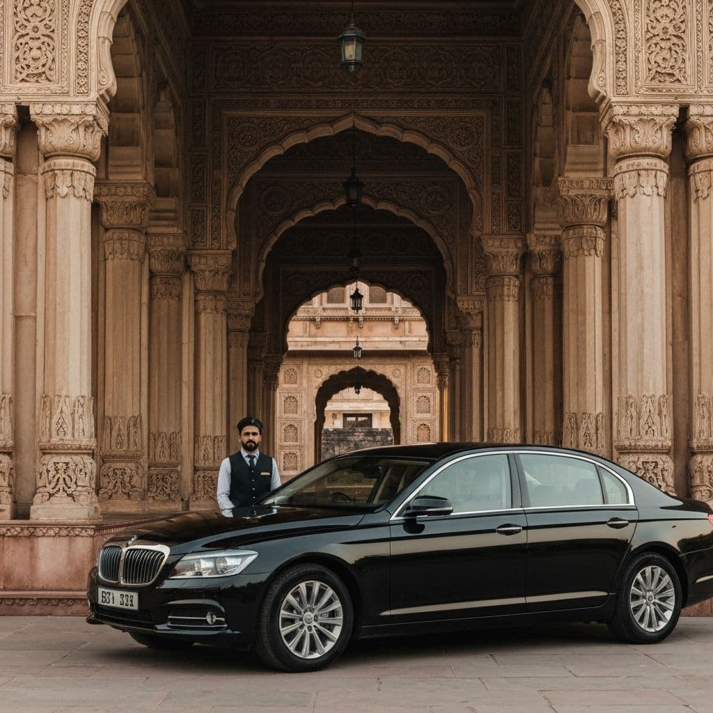 Luxury sedan parked outside an ornate Indian palace